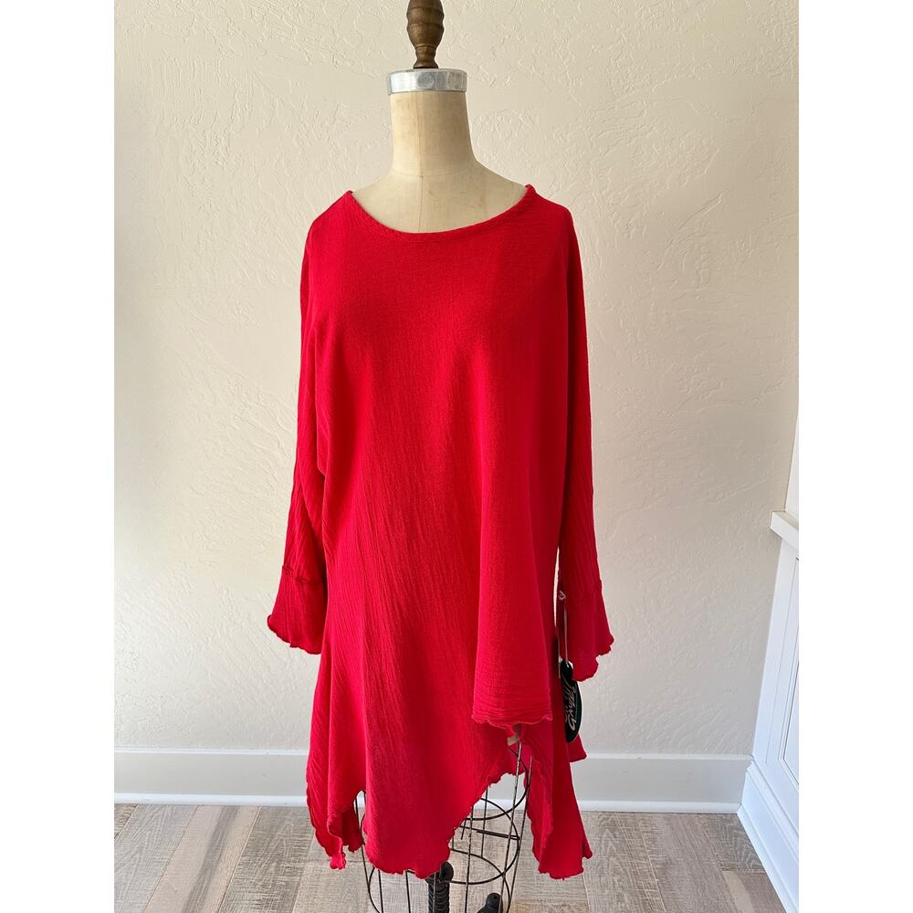 OH MY GAUZE | Womens Asymmetrical Irene Tunic Top $75 NEW Size S/M Red Lagenlook